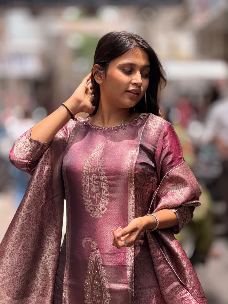 SHAGUN FASHION - Elegant Woven Banarasi Silk Kurti Pant Set with Dupatta