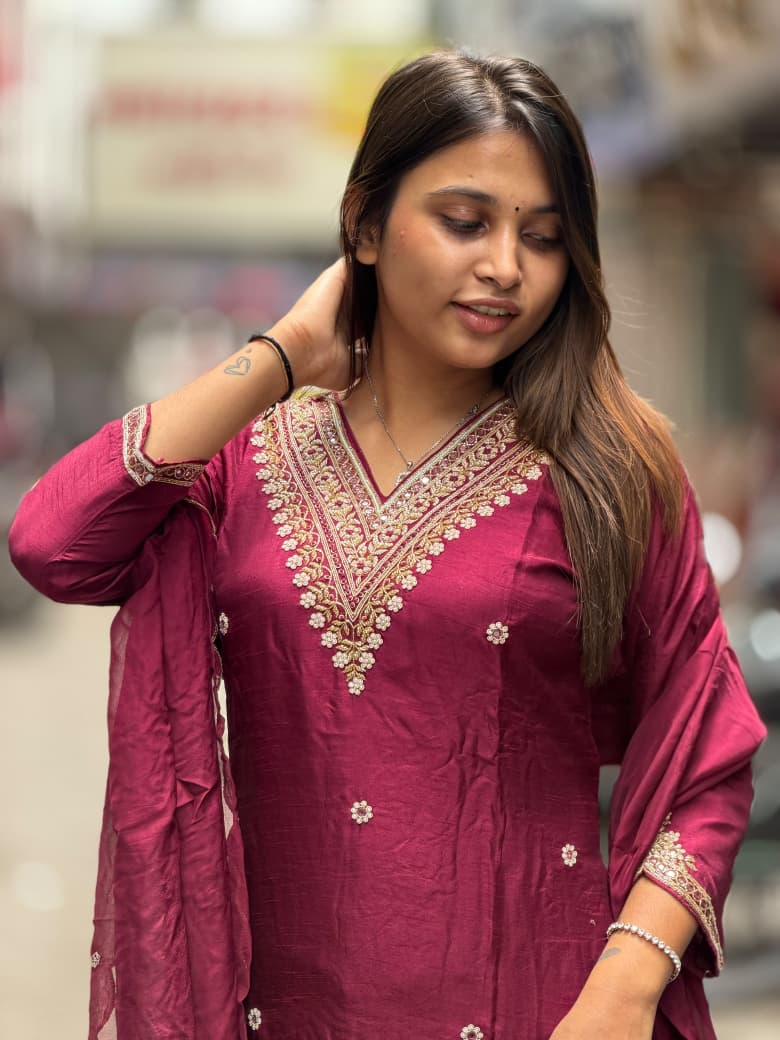 SHAGUN FASHION Premium Chanderi Silk Handwork Kurti Pant Set with Dupatta