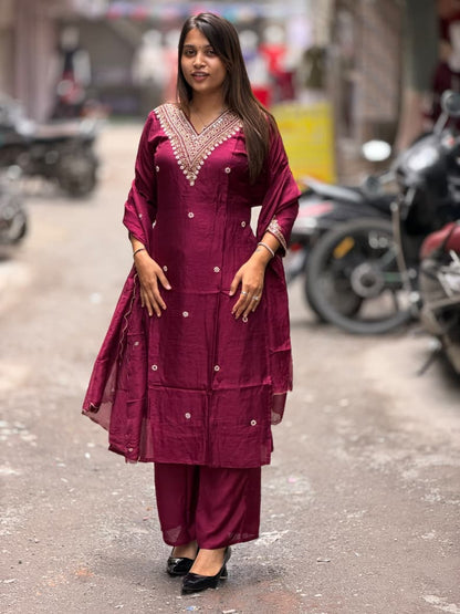 SHAGUN FASHION Premium Chanderi Silk Handwork Kurti Pant Set with Dupatta