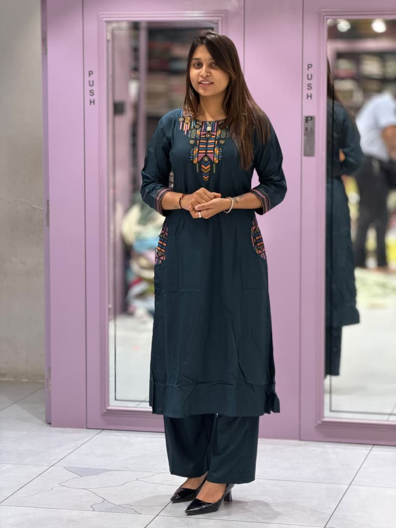 SHAGUN FASHION - Designer Neck Embroidery Kurti & Pant Set with Pockets