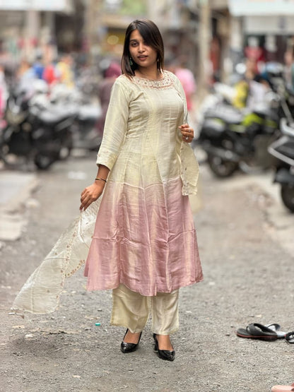 SHAGUN FASHION Dual-Tone Ombre Silk Kurti Set with Heavily Embroidered Neckline & Matching Dupatta