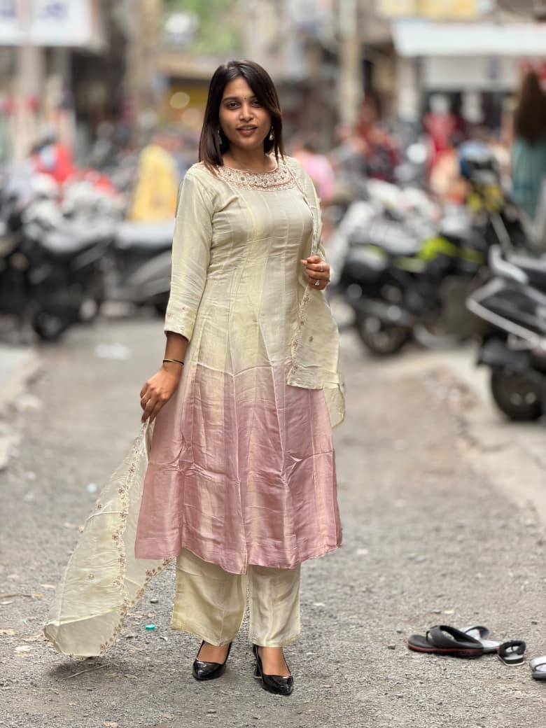 SHAGUN FASHION Dual-Tone Ombre Silk Kurti Set with Heavily Embroidered Neckline & Matching Dupatta