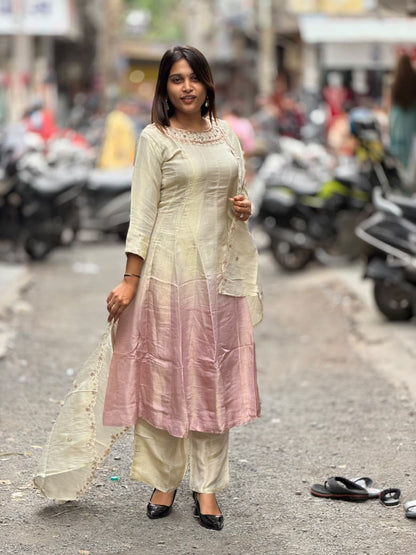 SHAGUN FASHION Dual-Tone Ombre Silk Kurti Set with Heavily Embroidered Neckline & Matching Dupatta