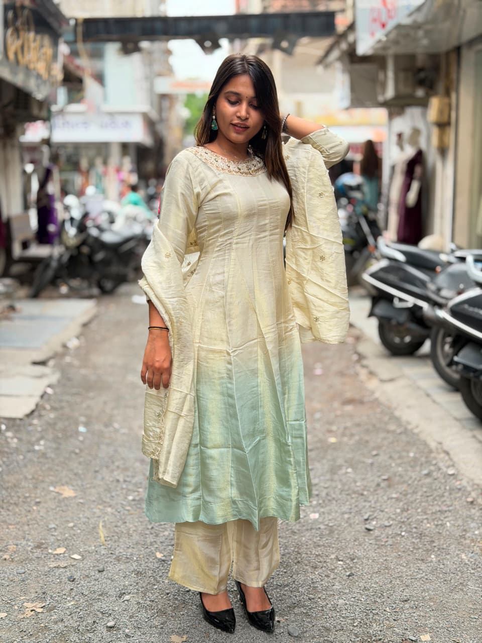SHAGUN FASHION Dual-Tone Ombre Silk Kurti Set with Heavily Embroidered Neckline & Matching Dupatta