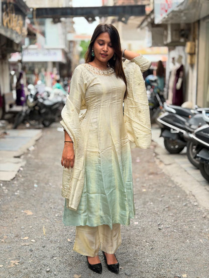 SHAGUN FASHION Dual-Tone Ombre Silk Kurti Set with Heavily Embroidered Neckline & Matching Dupatta