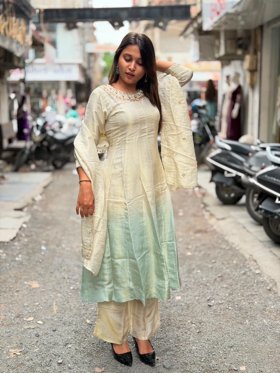 SHAGUN FASHION Dual-Tone Ombre Silk Kurti Set with Heavily Embroidered Neckline & Matching Dupatta