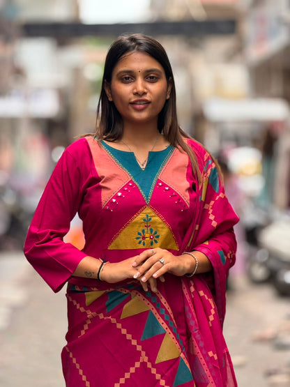 SHAGUN FASHION Women Rani Pink Cotton Embroidered Straight Kurta with Matching Pant & Geometric Print Dupatta Set