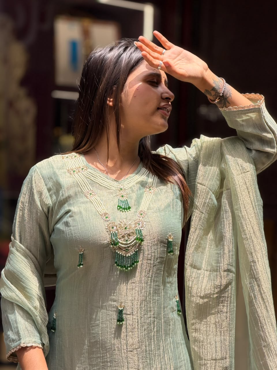 Sage Green Designer Suit Set by SHAGUN FASHION