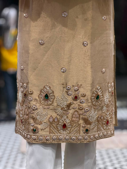 Men's Designer Dual-Tone Beige Hand-Embroidered Silk Kurta Set