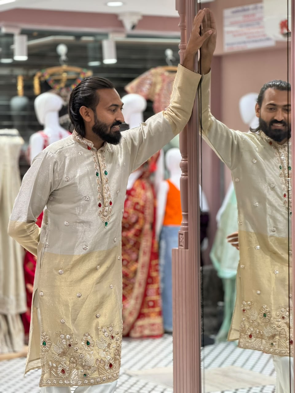 Men's Designer Dual-Tone Beige Hand-Embroidered Silk Kurta Set