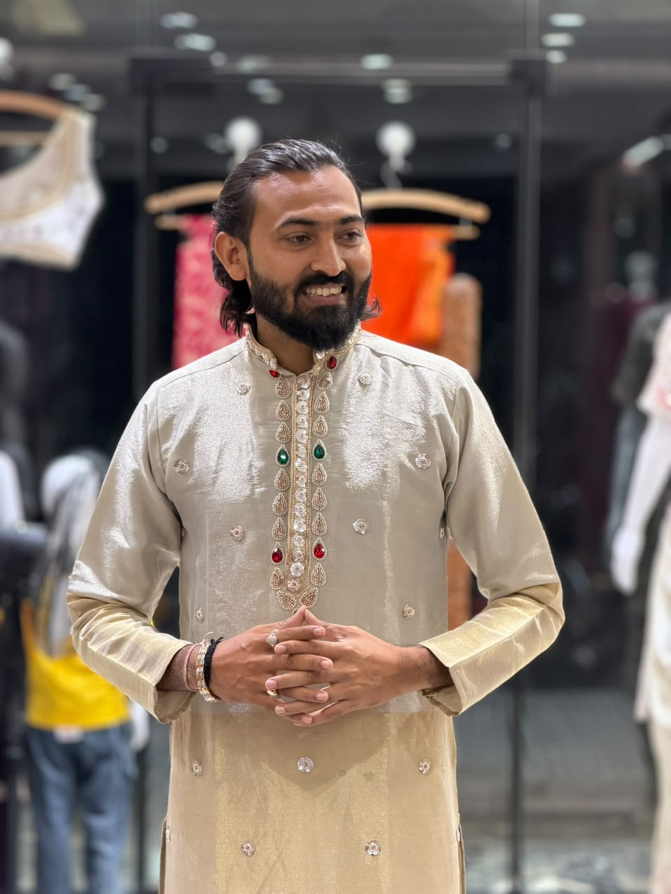 Men's Designer Dual-Tone Beige Hand-Embroidered Silk Kurta Set