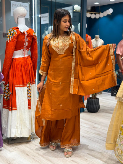 SHAGUN FASHION Premium Designer Handwork Chanderi Silk Kurti, Flared Palazzo & Matching Dupatta Set