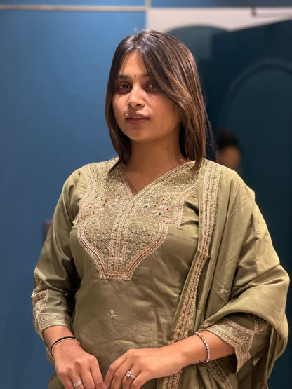 SHAGUN FASHION Premium Designer Handwork Chanderi Silk Kurti, Flared Palazzo & Matching Dupatta Set