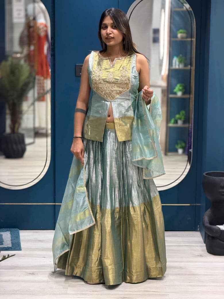 SHAGUN FASHION Dual-Tone Metallic Grey & Gold Short Kurti Lehenga Set with Striped Dupatta