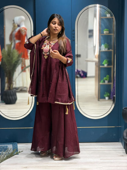 SHAGUN FASHION Premium Embroidered Short Kurti with Flared Sharara Palazzo & Dupatta 3-Piece Set
