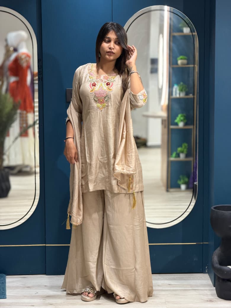SHAGUN FASHION Premium Embroidered Short Kurti with Flared Sharara Palazzo & Dupatta 3-Piece Set