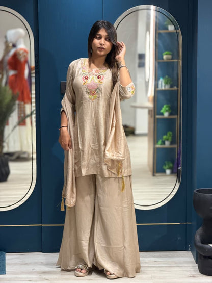 SHAGUN FASHION Premium Embroidered Short Kurti with Flared Sharara Palazzo & Dupatta 3-Piece Set