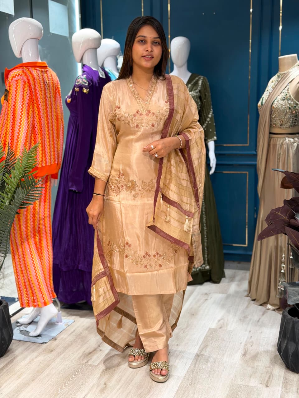 SHAGUN FASHION Premium Elegant Beige Silk Suit Set with Matching Dupatta