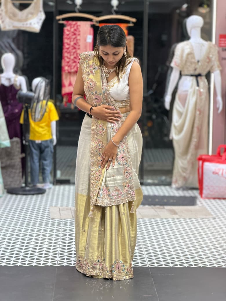 SHAGUN FASHION - Elegant Dual Tone Metallic Chanderi Tissue Saree with Handcrafted Peacock Border