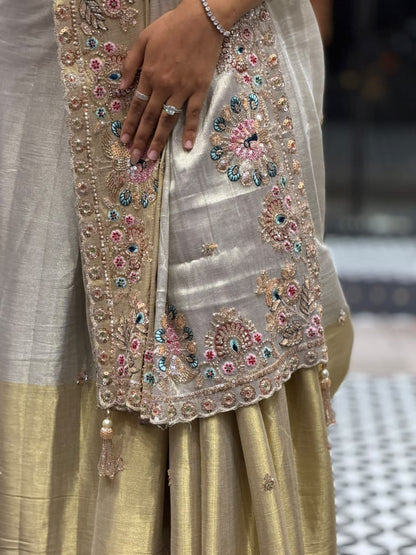 SHAGUN FASHION - Elegant Dual Tone Metallic Chanderi Tissue Saree with Handcrafted Peacock Border