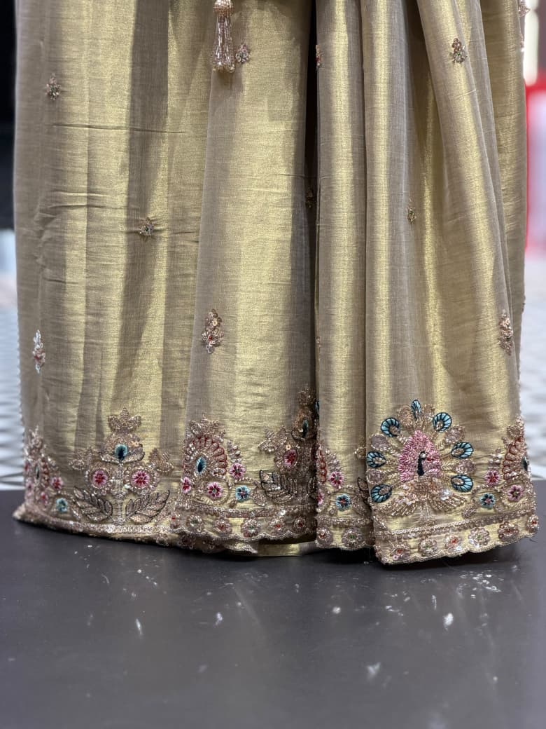 SHAGUN FASHION - Elegant Dual Tone Metallic Chanderi Tissue Saree with Handcrafted Peacock Border