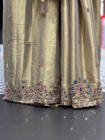 SHAGUN FASHION - Elegant Dual Tone Metallic Chanderi Tissue Saree with Handcrafted Peacock Border