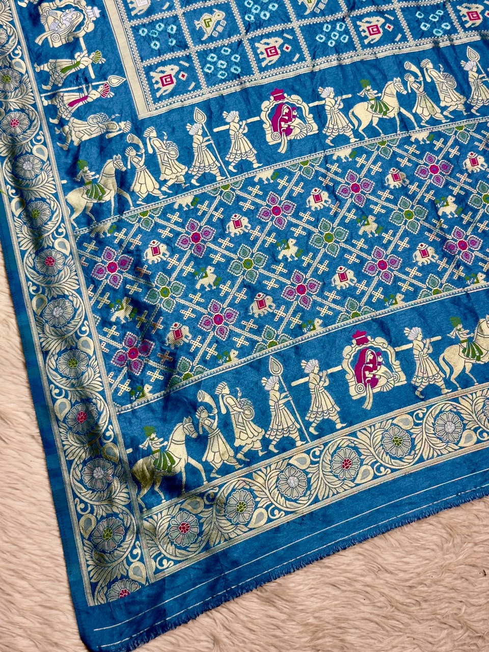 Royal Blue Banarasi Silk Saree with Traditional Baarat & Patola Motifs
