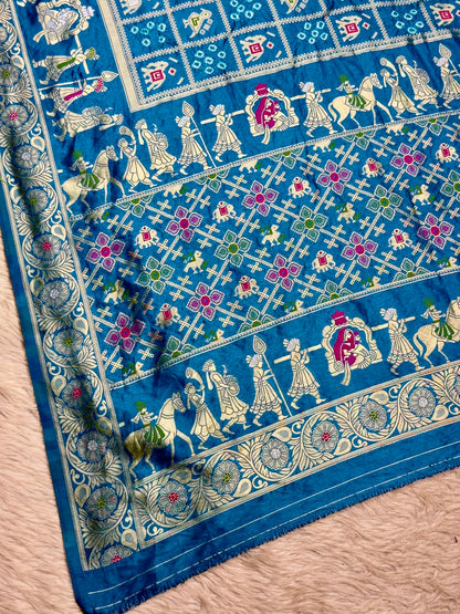 Royal Blue Banarasi Silk Saree with Traditional Baarat & Patola Motifs