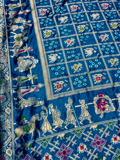 Royal Blue Banarasi Silk Saree with Traditional Baarat & Patola Motifs
