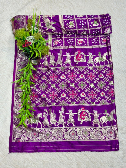 Royal Blue Banarasi Silk Saree with Traditional Baarat & Patola Motifs