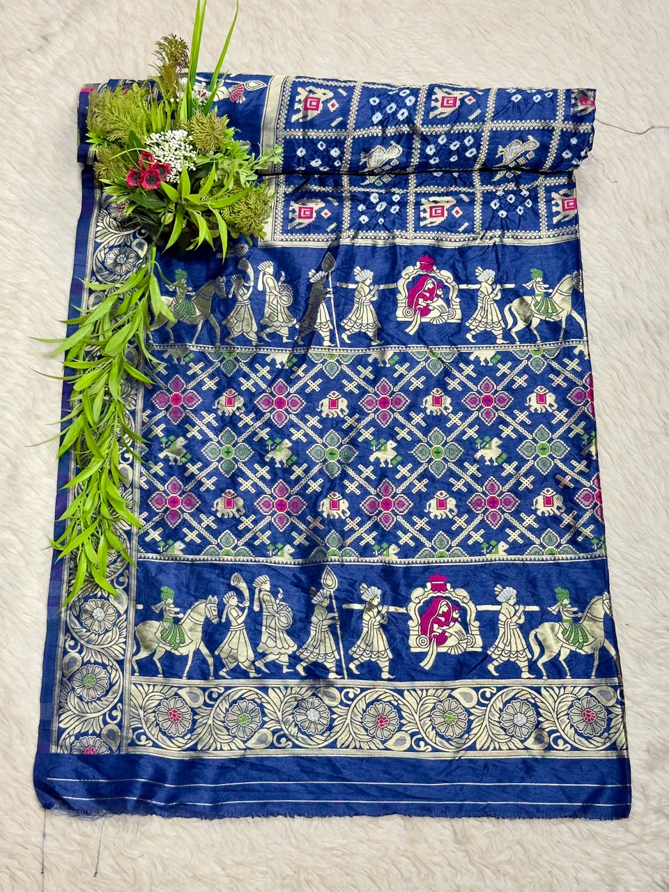 Royal Blue Banarasi Silk Saree with Traditional Baarat & Patola Motifs