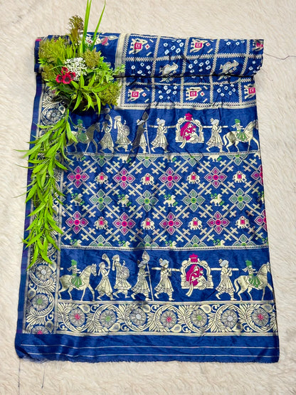 Royal Blue Banarasi Silk Saree with Traditional Baarat & Patola Motifs