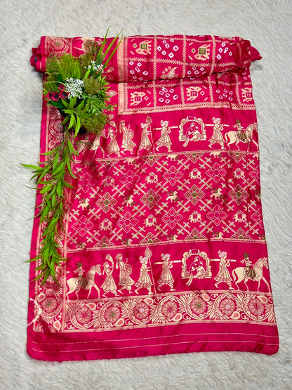 Royal Blue Banarasi Silk Saree with Traditional Baarat & Patola Motifs