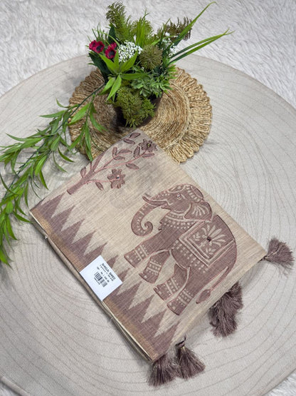 SHAGUN FASHION Exclusive Natural Linen Cotton Elephant Print Saree with Mirror Handwork & Tassels