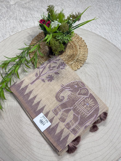 SHAGUN FASHION Exclusive Natural Linen Cotton Elephant Print Saree with Mirror Handwork & Tassels