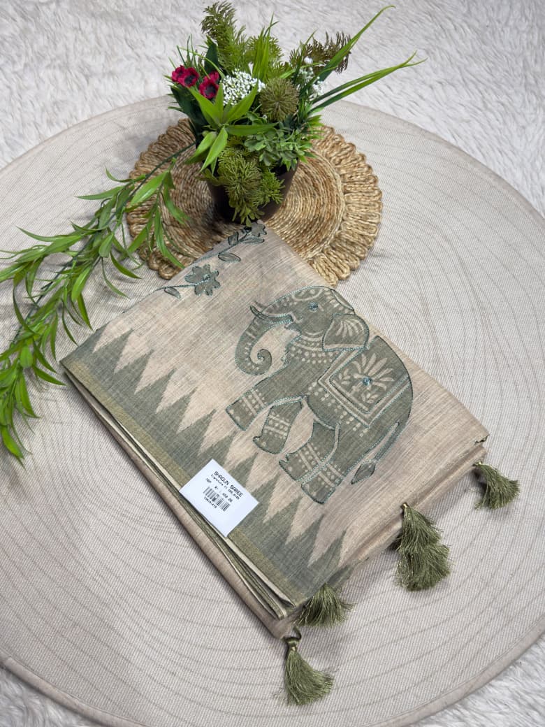 SHAGUN FASHION Exclusive Natural Linen Cotton Elephant Print Saree with Mirror Handwork & Tassels