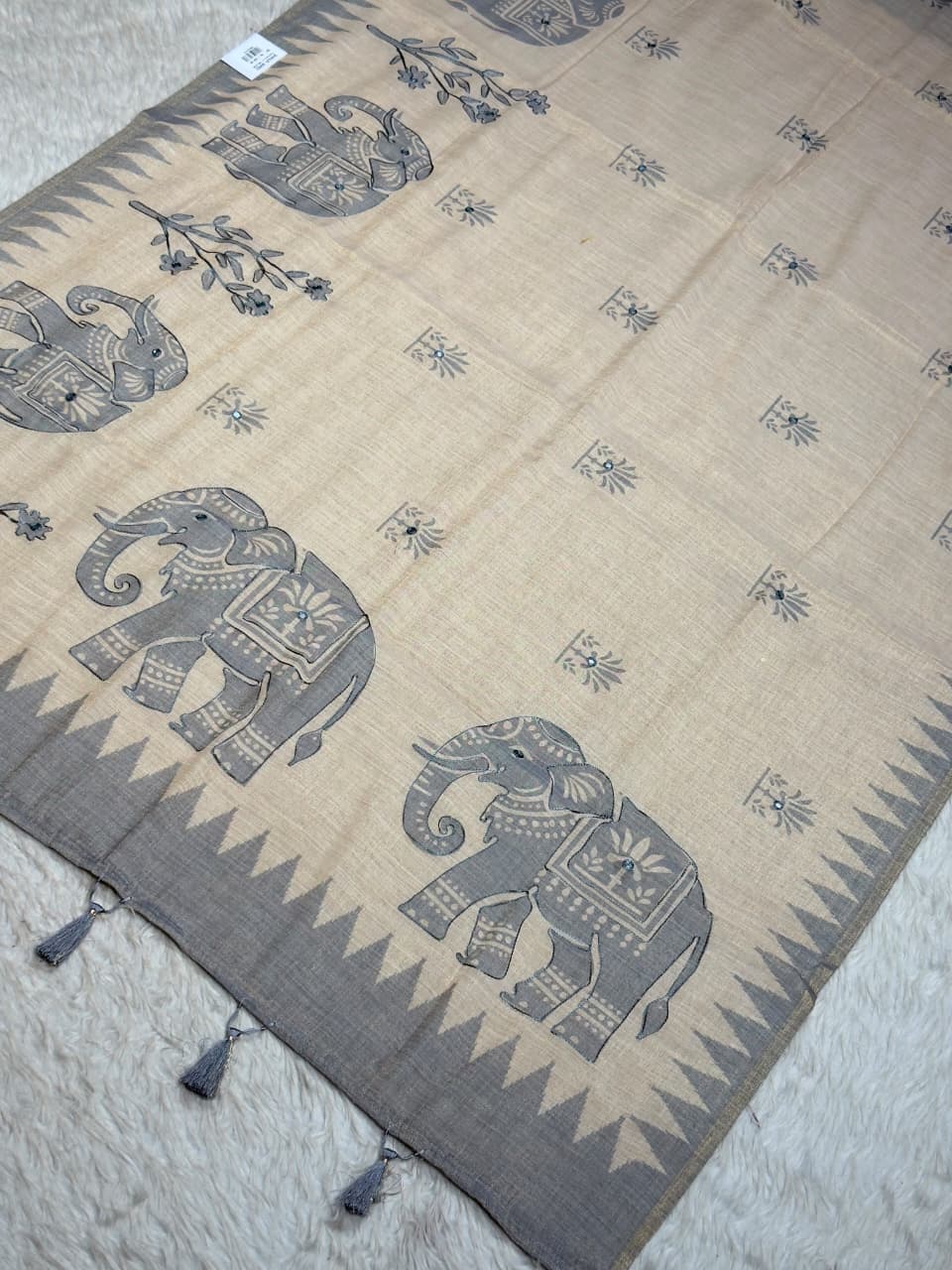 SHAGUN FASHION Exclusive Natural Linen Cotton Elephant Print Saree with Mirror Handwork & Tassels