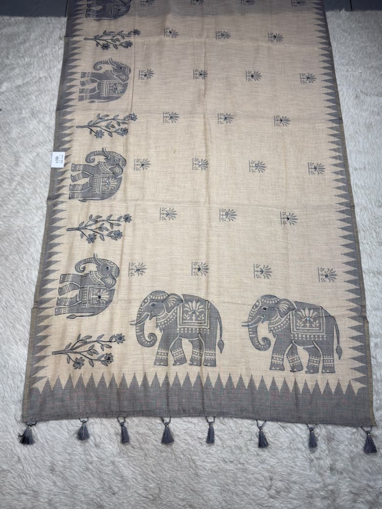 SHAGUN FASHION Exclusive Natural Linen Cotton Elephant Print Saree with Mirror Handwork & Tassels