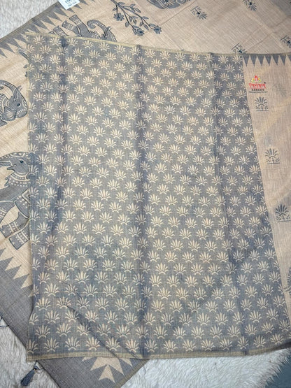 SHAGUN FASHION Exclusive Natural Linen Cotton Elephant Print Saree with Mirror Handwork & Tassels