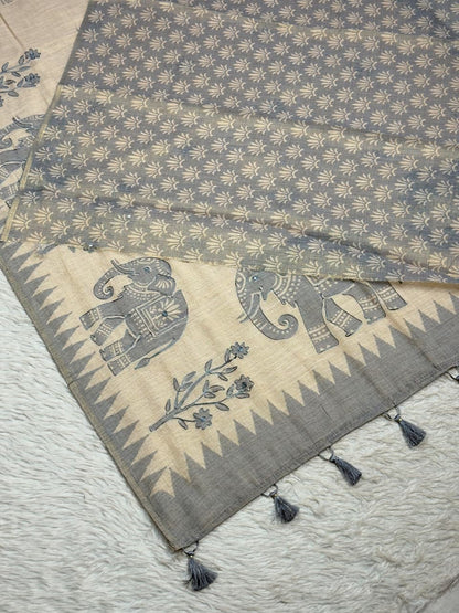 SHAGUN FASHION Exclusive Natural Linen Cotton Elephant Print Saree with Mirror Handwork & Tassels