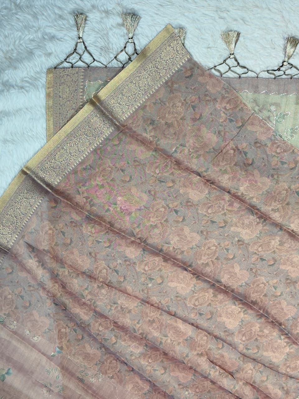 SHAGUN FASHION – Soft Brasso Organza Floral Printed Saree with Zari Border & Tassels