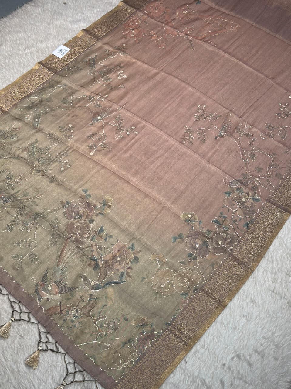 SHAGUN FASHION – Soft Brasso Organza Floral Printed Saree with Zari Border & Tassels
