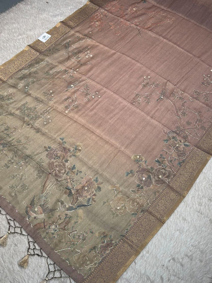 SHAGUN FASHION – Soft Brasso Organza Floral Printed Saree with Zari Border & Tassels