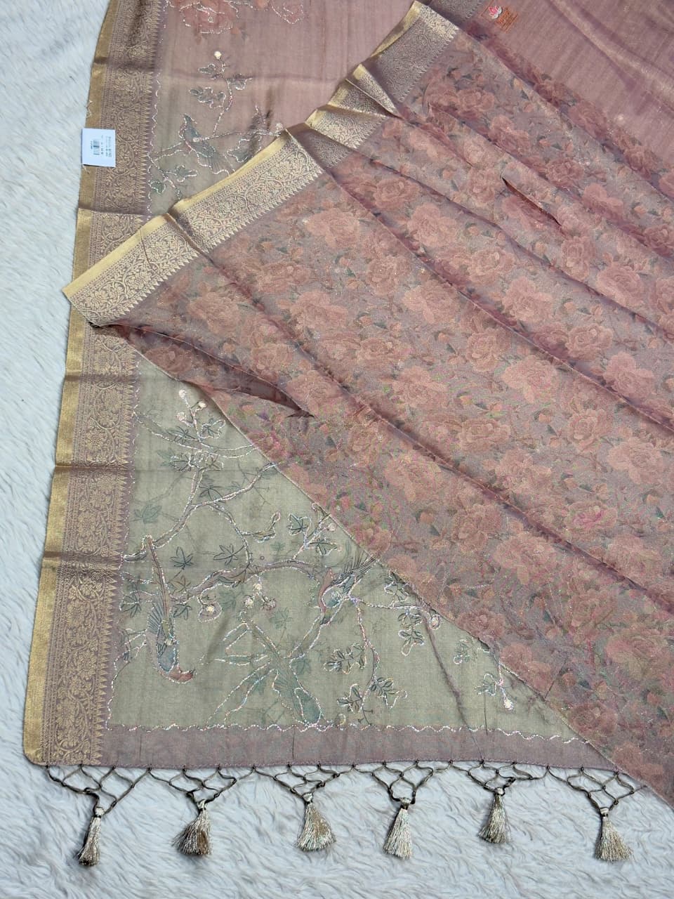 SHAGUN FASHION – Soft Brasso Organza Floral Printed Saree with Zari Border & Tassels