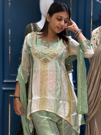 SHAGUN FASHION – Designer Shimmer Tissue Silk Striped Kurti, Flared Palazzo & Dupatta Set