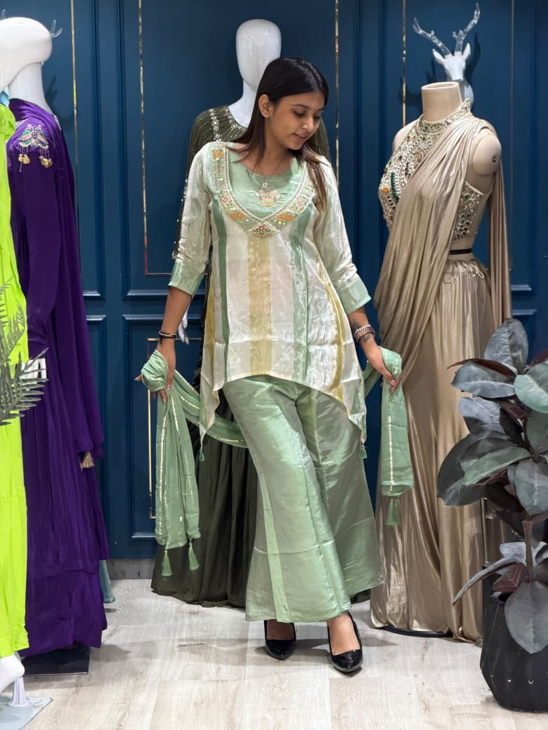 SHAGUN FASHION – Designer Shimmer Tissue Silk Striped Kurti, Flared Palazzo & Dupatta Set