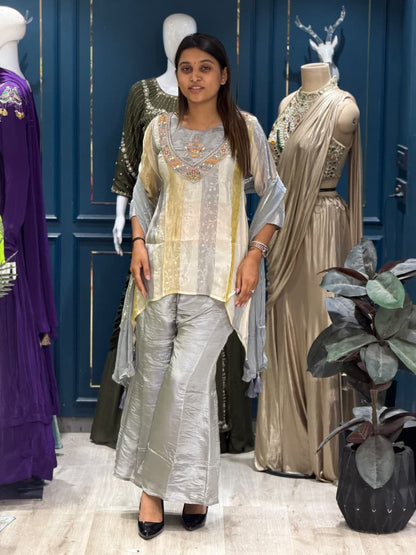 SHAGUN FASHION – Designer Shimmer Tissue Silk Striped Kurti, Flared Palazzo & Dupatta Set