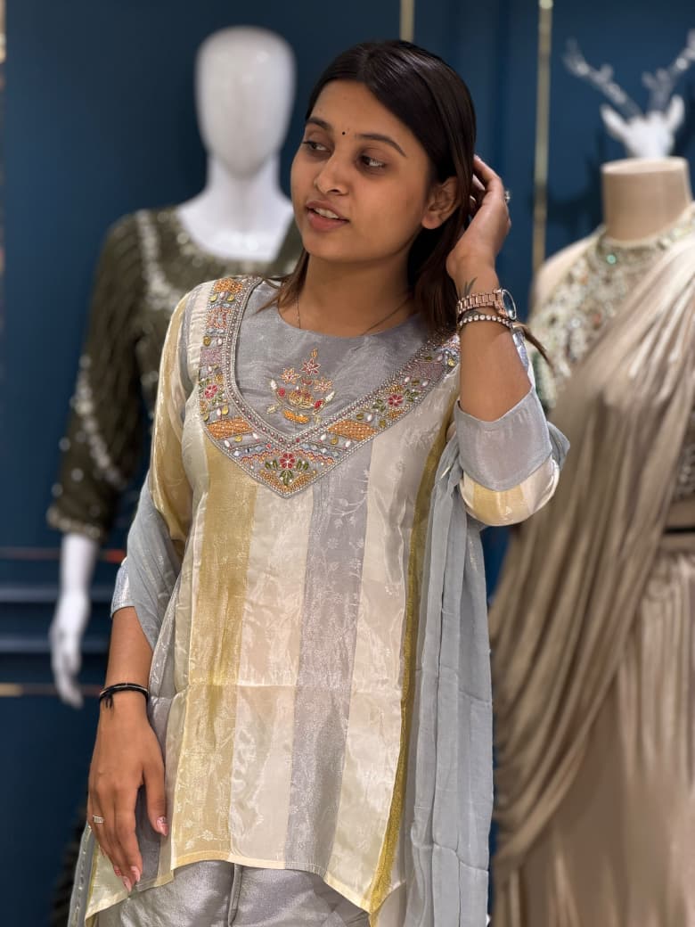 SHAGUN FASHION – Designer Shimmer Tissue Silk Striped Kurti, Flared Palazzo & Dupatta Set