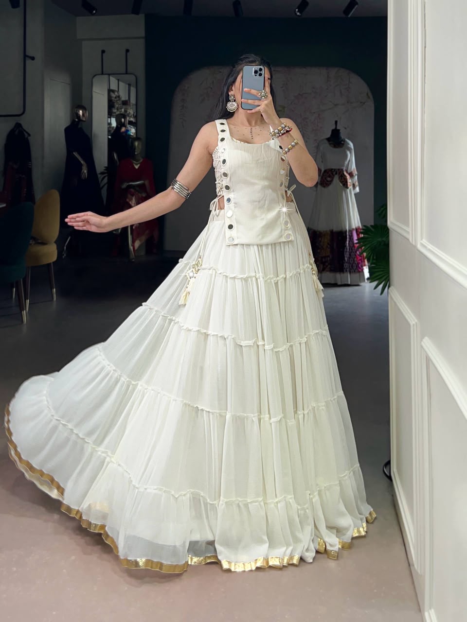 SHAGUN FASHION Designer Mirror Work Tiered Lehenga Choli Set
