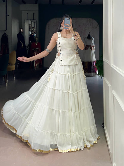 SHAGUN FASHION Designer Mirror Work Tiered Lehenga Choli Set